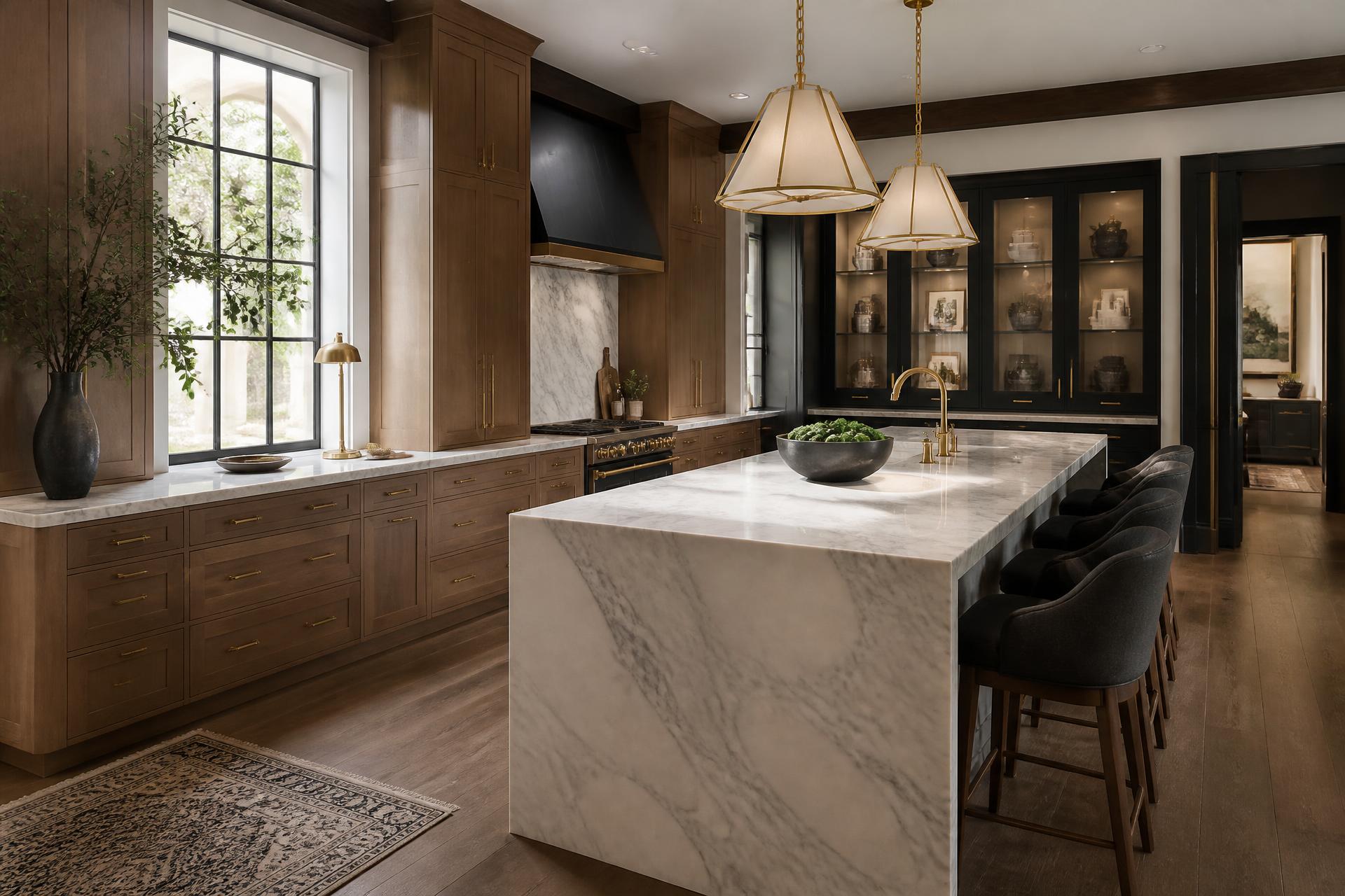 Renovated kitchen in a Dallas estate home with marble island and brass lighting